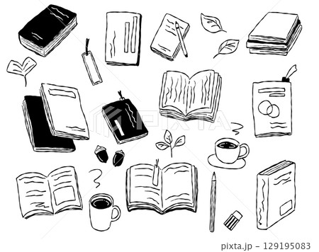手描きテイストな秋の読書グッズのイラストセット(モノクロ線画) 手描きテイストな秋の読書グッズのイラストセット(モノクロ線画) 129195083