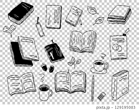 手描きテイストな秋の読書グッズのイラストセット(モノクロ線画) 手描きテイストな秋の読書グッズのイラストセット(モノクロ線画) 129195083