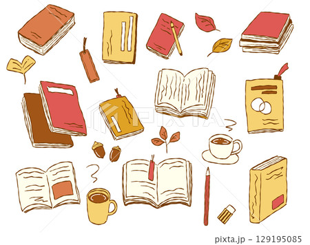 手描きテイストな秋の読書グッズのイラストセット(カラー・秋色02) 手描きテイストな秋の読書グッズのイラストセット(カラー・秋色02) 129195085