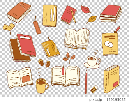 手描きテイストな秋の読書グッズのイラストセット(カラー・秋色02) 手描きテイストな秋の読書グッズのイラストセット(カラー・秋色02) 129195085