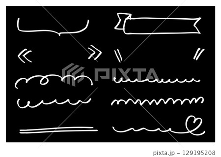 黒背景に白線の手描きドゥードゥル装飾ラインセット|フレーム・矢印・波線・リボン・ハート 黒背景に白線の手描きドゥードゥル装飾ラインセット|フレーム・矢印・波線・リボン・ハート 129195208