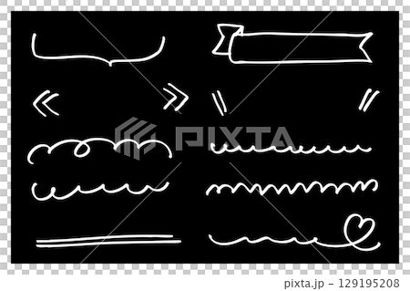 黒背景に白線の手描きドゥードゥル装飾ラインセット|フレーム・矢印・波線・リボン・ハート 黒背景に白線の手描きドゥードゥル装飾ラインセット|フレーム・矢印・波線・リボン・ハート 129195208