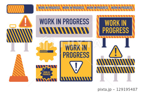 collection of Work in Progress signs banners and warning elements featuring stripes cones and caution symbols ideal for construction or development notifications or under development web collection of Work in Progress signs banners and warning elements featuring stripes cones and caution symbols ideal for construction or development notifications or under development web 129195487