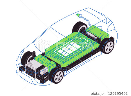 A translucent blue outline of an electric car reveals green internal components the battery pack and electric motor emphasizing the core technology electric vehicles A translucent blue outline of an electric car reveals green internal components the battery pack and electric motor emphasizing the core technology electric vehicles 129195491