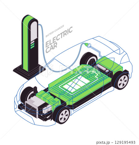 Transparent outline of electric car charged at a station revealing internal battery pack and electric motor components highlighting transportation technology Transparent outline of electric car charged at a station revealing internal battery pack and electric motor components highlighting transportation technology 129195493