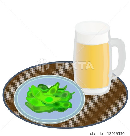 ビールに枝豆のイラスト 129195564