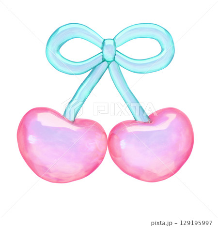 ぷっくりシール風3Dイラスト ハートのさくらんぼのイラスト素材