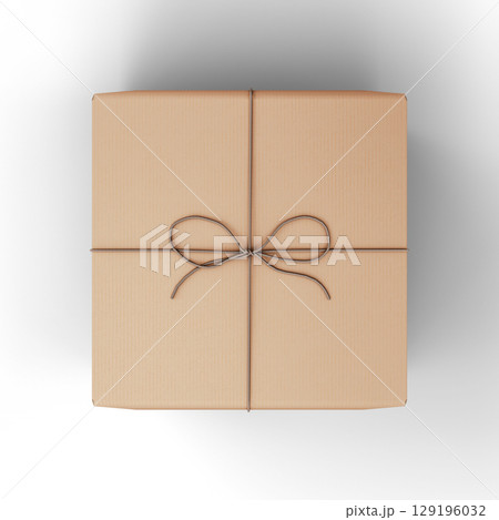 Minimalistic Brown Paper-Wrapped Gift Box With Simple String Bow. 3D Illustration. File with Clipping Path 129196032