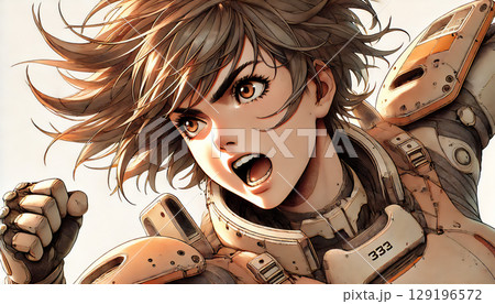 拳を握り叫ぶ女性ソルジャーの戦闘シーン、戦場に立ち向かう女性兵士の迫力表現、強い意志を見せる戦闘服の 129196572