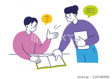 Flat cartoon vector illustration of teacher helping student with schoolwork. Adult pointing notebook mistakes, answering question in classroom. Education, tutoring, learning process, academic support 129196686