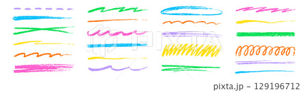 Line crayon pencil underline color set. Hand drawn colorful brush, chalk and marker stroke in sketchy kid art style. Rough crayon pencil texture highlight divider element. Vector 129196712
