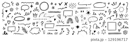 Line brush heart vector set. Hand drawn sketch doodle style arrow, cloud, star with marker stroke pencil highlight. Cute handwritten crown, heart, star line brush art design. Vector 129196717