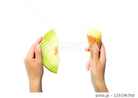 Hands present a slice of melon and ice cream cone, isolated on white, PNG 129196760