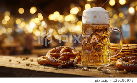 Beer and pretzels at a festive bash, created with AI 129196975