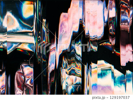Colorful interference. Wave distortion. Glitch art flare fantasy light leak. Futuristic abstract refraction spectrum blur background. 129197037