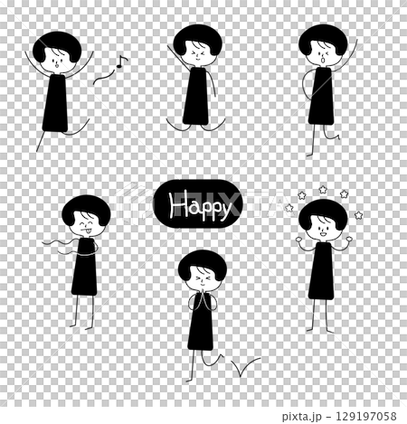 シンプルな棒人間女子の幸せな感情表現イラスト 129197058