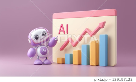 AI Agent assistance concept, Cute robot presenting AI growth on a colorful chart. AI Agent assistance concept, Cute robot presenting AI growth on a colorful chart. 129197122