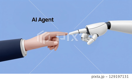 AI Agent assistance concept, Human hand and robot hand reaching towards each other. 129197131