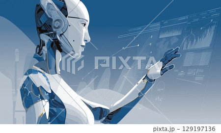 AI Agent assistance concept, Futuristic robot interacting with digital data interface. 129197136