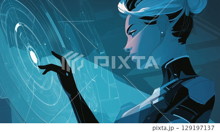 AI Agent assistance concept, Futuristic woman interacting with digital interface in blue tones. 129197137