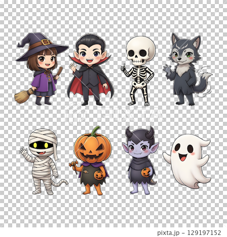 A cute child in a anime-style cartoon Halloween costume, happy for Halloween. Transparent background. 129197152