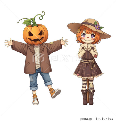 A cute child in a anime-style cartoon Halloween costume, happy for Halloween. Transparent background. 129197153