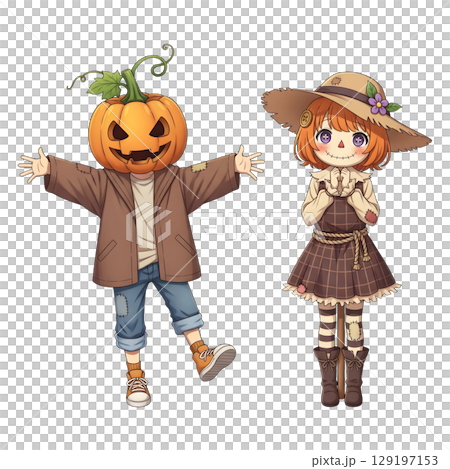 A cute child in a anime-style cartoon Halloween costume, happy for Halloween. Transparent background. 129197153