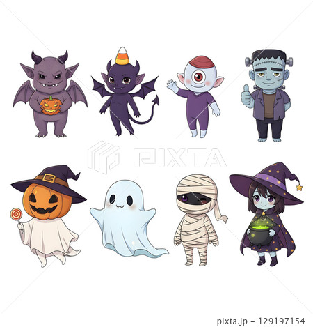 A cute child in a anime-style cartoon Halloween costume, happy for Halloween. Transparent background. A cute child in a anime-style cartoon Halloween costume, happy for Halloween. Transparent background. 129197154