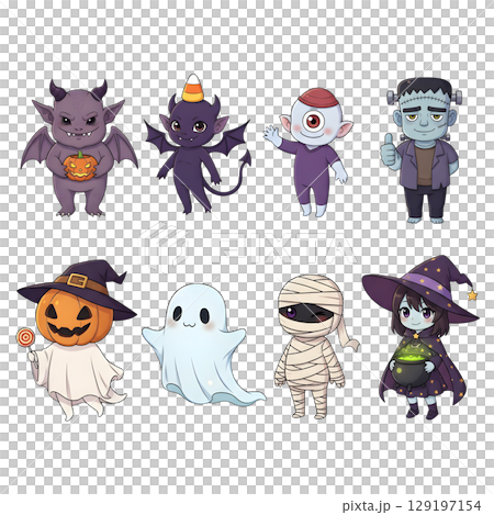 A cute child in a anime-style cartoon Halloween costume, happy for Halloween. Transparent background. A cute child in a anime-style cartoon Halloween costume, happy for Halloween. Transparent background. 129197154