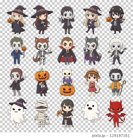A cute child in a anime-style cartoon Halloween costume, happy for Halloween. Transparent background. 129197161