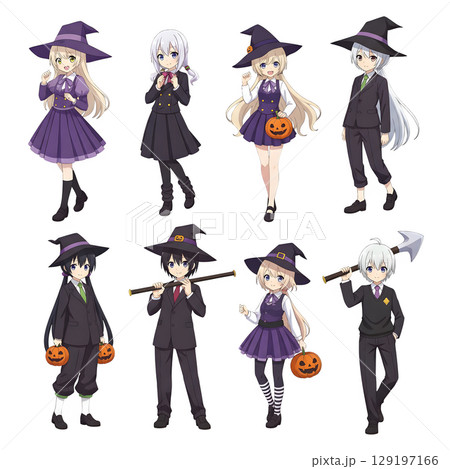 A cute child in a anime-style cartoon Halloween costume, happy for Halloween. Transparent background. 129197166