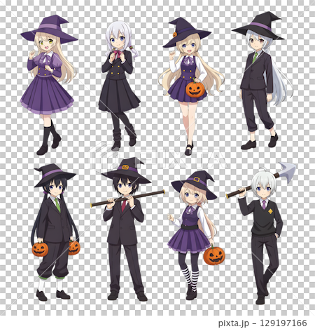 A cute child in a anime-style cartoon Halloween costume, happy for Halloween. Transparent background. 129197166