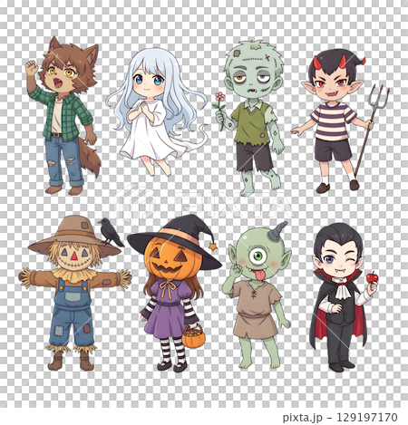 A cute child in a anime-style cartoon Halloween costume, happy for Halloween. Transparent background. 129197170