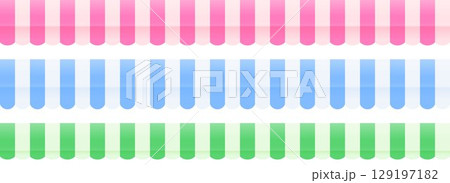Striped shop tent repeated design set. Store window awning pattern collection. Cafe or restaurant roof canopy pack. Pink, blue and green stall market place cover. Vector repeating stripe sunshades 129197182