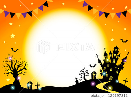 ハロウィン背景、旗、キラキラ、月夜、橙、横 ハロウィン背景、旗、キラキラ、月夜、橙、横 129197811