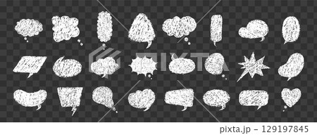 Crayon speech bubbles with grunge texture. Isolated cartoon frames for comics or handwritten dialogues. Childish Vector illustration on dark transparent background Crayon speech bubbles with grunge texture. Isolated cartoon frames for comics or handwritten dialogues. Childish Vector illustration on dark transparent background 129197845