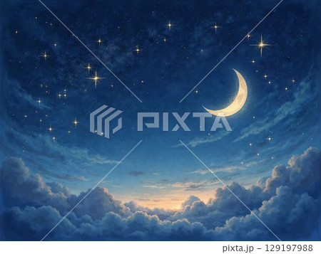 夜空に輝く月と星のイラスト画像 129197988