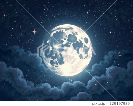 夜空に輝く月と星のイラスト画像 129197989