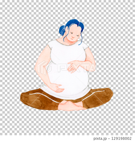 Pregnancy Maternity Pregnant woman sitting cross-legged Watercolor illustration 129198002