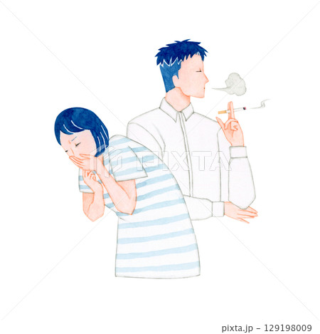 妊娠 マタニティ　つわりに苦しむ妊婦とタバコを吸う夫　水彩 イラスト 129198009
