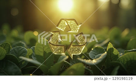 Golden glitter recycling symbol above green leaves in sunlight 129198119