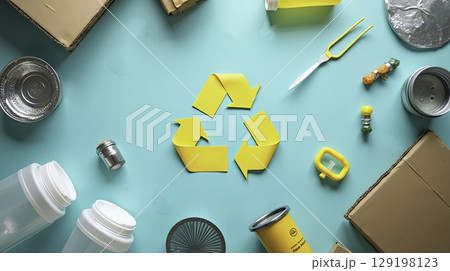 Yellow recycling symbol surrounded by various types of recyclable materials Yellow recycling symbol surrounded by various types of recyclable materials 129198123