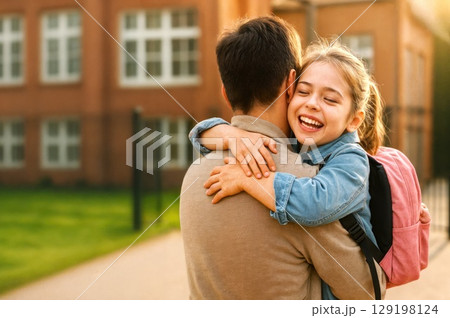 A young Caucasian girl with brown hair hugs her father from behind. They are outside a school building, smiling and enjoying their time together. 129198124