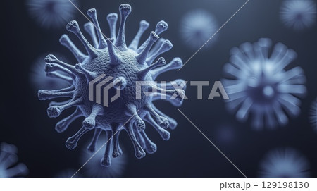 Detailed 3D rendering of a blue virus particle under microscopic view 129198130