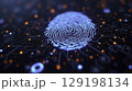 Futuristic blue digital fingerprint glowing on a dark circuit board background 129198134