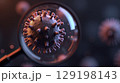 High-detail 3D image of a virus under a magnifying glass  129198143