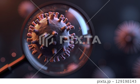 High-detail 3D image of a virus under a magnifying glass High-detail 3D image of a virus under a magnifying glass 129198143