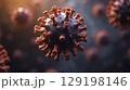 Detailed 3D illustration of a virus with red spikes, floating in a dark environment 129198146