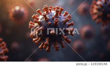 Detailed 3D illustration of a virus with red spikes, floating in a dark environment Detailed 3D illustration of a virus with red spikes, floating in a dark environment 129198146