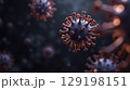 3D rendered close-up of red and blue virus particles on a dark background 129198151